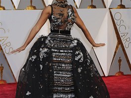 Hereka Janelle Monáe v roce 2017 v atech rokokového stihu znaky Elie Saab...