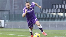Franck Ribéry z Fiorentiny vede balon v zápase proti Udinese. Franck Ribéry z Fiorentiny vede balon v zápase proti Udinese.