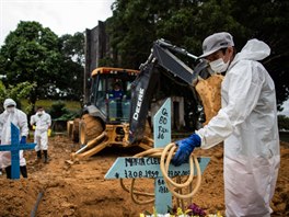 Pracovníci pohřbívají oběti covidu-19 na hřbitově v brazilském Manaus. (1....