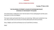 Prohláení Buckinghamského paláce k rozhovoru prince Harryho a vévodkyn Meghan...