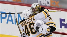 Matt Grzelcyk slaví s brankářem Danielem Vladařem vítězství Bostonu. Matt Grzelcyk slaví s brankářem Danielem Vladařem vítězství Bostonu.