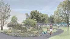 Vizualizace sadu Boženy Němcové po právě započaté rozsáhlé revitalizaci. Vizualizace sadu Boženy Němcové po právě započaté rozsáhlé revitalizaci.