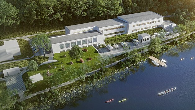 Areál bývalé vodárny u Otavy po přestavbě na kemp a tělocvičny