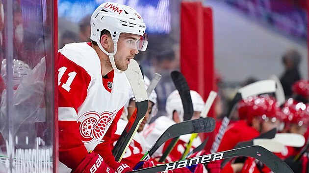 Filip Zadina z Detroitu sleduje ze střídačky průběh zápasu s Carolinou. Filip Zadina z Detroitu sleduje ze střídačky průběh zápasu s Carolinou.