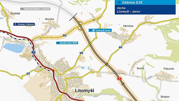 Trasa D35 i s původně plánovanou křižovatkou Litomyšl Sever