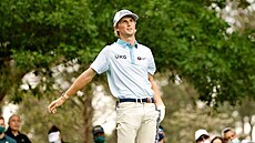 Reakce Willa Zalatorise po odpalu na čtvrté jamce třetího kola Masters 2021. Reakce Willa Zalatorise po odpalu na čtvrté jamce třetího kola Masters 2021.