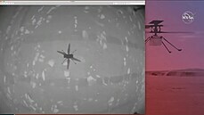 Snímek z naviganí kamerky vrtulníku Ingenuity poízený pi jeho prvním letu...