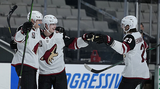 Victor Söderström, Jan Jeník (uprostřed) a Oliver Ekman-Larsson slaví gól... Victor Söderström, Jan Jeník (uprostřed) a Oliver Ekman-Larsson slaví gól...