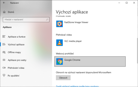 Nastavení výchozího browseru ve Windows 10