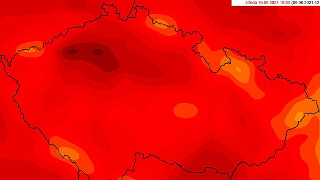 Teplotní mapa republiky v předpovědi meteorologů na středu 16. června odpoledne. Teplotní mapa republiky v předpovědi meteorologů na středu 16. června odpoledne.