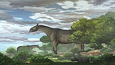 Umělecká rekonstrukce obřího nosorožce Paraceratherium linxiaense, žijícího... Umělecká rekonstrukce obřího nosorožce Paraceratherium linxiaense, žijícího...