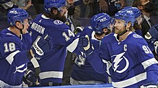 Kapitán Tampy Steven Stamkos oslavuje svůj první gól do sítě New York Islanders. Kapitán Tampy Steven Stamkos oslavuje svůj první gól do sítě New York Islanders.