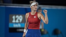 Markéta Vondroušová během olympijského finále v tenise. Markéta Vondroušová během olympijského finále v tenise.