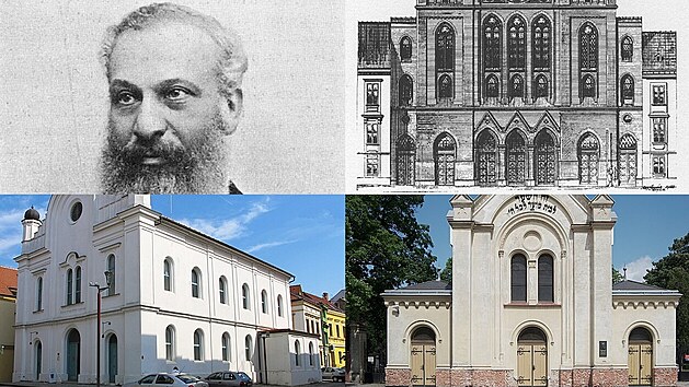 Mezi díla architekta Max Fleischer, prostějovského rodáka, patří například vídeňská synagoga v ulici Neudeggergasse (vpravo nahoře), synagoga v Břeclavi (vlevo dole) či obřadní síň židovského hřbitova v Brně.