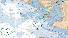 Mapa ásti identifikovaných vrak v Biskajském zálivu. Tch neidentifikovaných...
