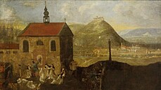 Detail obrazu ze 17. století znázorňuje řádění husitů, vraždění jeptišek v... Detail obrazu ze 17. století znázorňuje řádění husitů, vraždění jeptišek v...