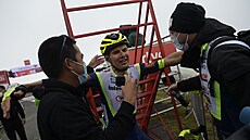 Estonský cyklista Rein Taaramäe (uprostřed) slaví vítězství ve třetí etapě na... Estonský cyklista Rein Taaramäe (uprostřed) slaví vítězství ve třetí etapě na...