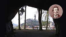 Pohled od jeskyně Šipka na Štramberk s věží Trúba. Ve výřezu Karel Jaroslav... Pohled od jeskyně Šipka na Štramberk s věží Trúba. Ve výřezu Karel Jaroslav...