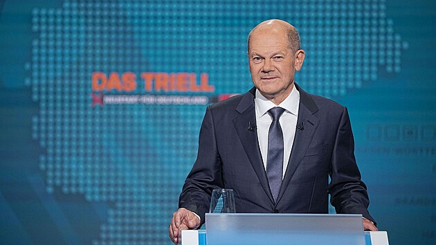 Olaf Scholz (SPD) v pedvolebn debat ldr t nejsilnjch nmeckch stran (29. srpna 2021)