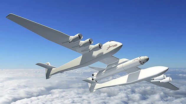 Letoun společnosti Stratolaunch s podvěšenou raketou Falcon 9 Air Letoun společnosti Stratolaunch s podvěšenou raketou Falcon 9 Air