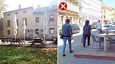 Vhodně použité nízké pódium (vlevo) a nevhodný zábor nesvažité komunikace... Vhodně použité nízké pódium (vlevo) a nevhodný zábor nesvažité komunikace...
