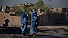 Afghánky v burkách pecházejí ulici v Herátu. (21. záí 2021)