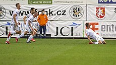Královéhradečtí fotbalisté se radují z gólu. Královéhradečtí fotbalisté se radují z gólu.