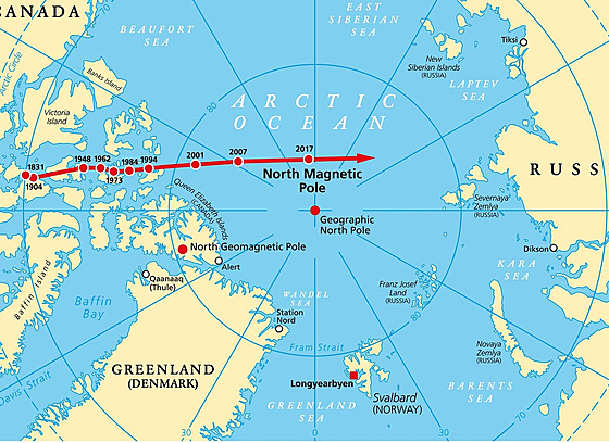Severní magnetickı pól versus geografickı severní pól planety Země