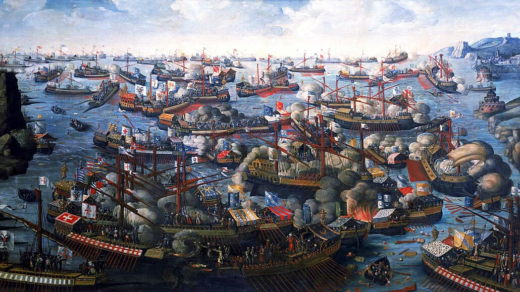 7. íjna 1571 Bitva u Lepanta na dobovém obraze od neznámého autora.