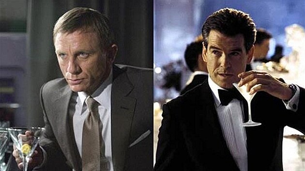 Daniel Craig a Pierce Brosnan v roli agenta 007 s neodmyslitelnou rekvizitou - koktejlem z martini a vodky