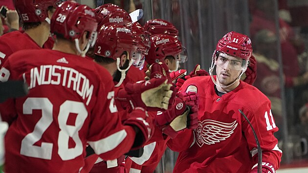 Filip Zadina z Detroitu sbr pochvaly po vstelenm glu.