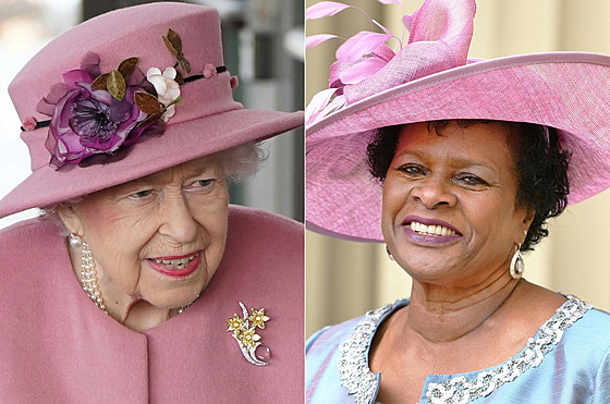 Britská královna Albta II. (vlevo) a nová prezidentka Barbadosu Sandra...
