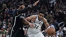 Janis Adetokunbo (vpravo) z Milwaukee bráněný Jamesem Johnsonem z Brooklynu. Janis Adetokunbo (vpravo) z Milwaukee bráněný Jamesem Johnsonem z Brooklynu.