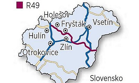 Trasa plánované silnice R49 pes Zlínský kraj