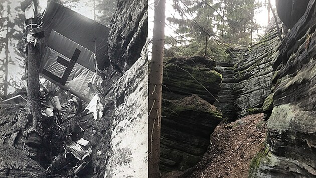 Vlevo: Jedna ze dvou známých fotografií havarovaného stroje. Při pozorném... Vlevo: Jedna ze dvou známých fotografií havarovaného stroje. Při pozorném...