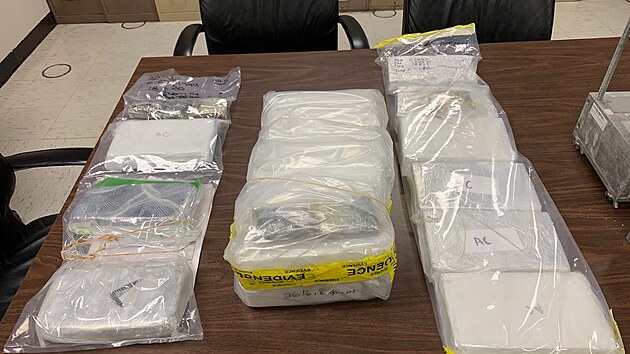 Protidrogová policie ukazuje zadržené balíčky syntetického opioidu fentanylu, který může mít smrtelné účinky. (13. května 2021)