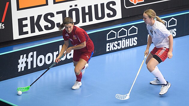 Česká florbalistka Magdaléna Plášková (vlevo) v utkání proti Dánsku.