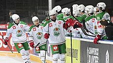 Hokejisté švédského klubu Rögle slaví gól. Hokejisté švédského klubu Rögle slaví gól.