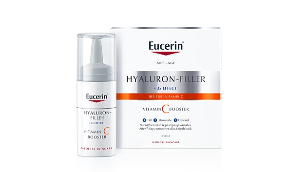 Eucerin Hyaluron-Filler Vitamin C Booster s 10% istm a erstv aktivovanm vitamnem C  byl vyvinut speciln pro ochranu pleti proti volnm radiklm a inek proti prvnm znmkm strnut: ple povzbuzuje, vypluje vrsky a vy zskte hlad, svej a zivj vzhled. Vitamn C je siln antioxidant, kter neutralizuje voln radikly a posiluje vlastn obrann systm pleti. Je tak nezbytn pro tvorbu kolagenu v konch bukch, kter pomh podporovat strukturu pleti a oddlit znmky strnut. Inovativn balen umouje erstv aktivovat vitamn C pi prvnm pouit. Sta stlait a protepat vitamn C v prku s emulz s nzkomolekulrn kyselinou hyaluronovou a licochalconem A. Vrobek je nejinnj po dobu 21 dn. 975 K