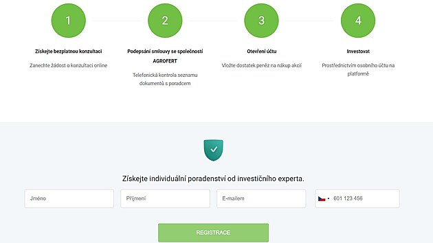 Falen webov JUST INVEST strnky lkaj na logo a korportn barvy Agrofertu. Spolenost Agrofert upozoruje, e neposkytuje dn investin sluby a e se jedn o podvod.