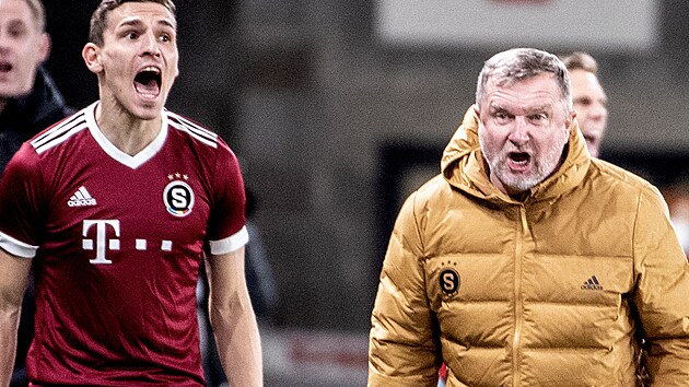 Sparťanská lavička v čele s trenérem Pavel Vrbou a záložníkem Davidem Pavelkou v reakci na jeden z verdiktů sudích při pohárovém derby na Slavii.