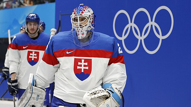 Slovensk hokejov brank Patrik Rybr nastupuje se spoluhri na led.