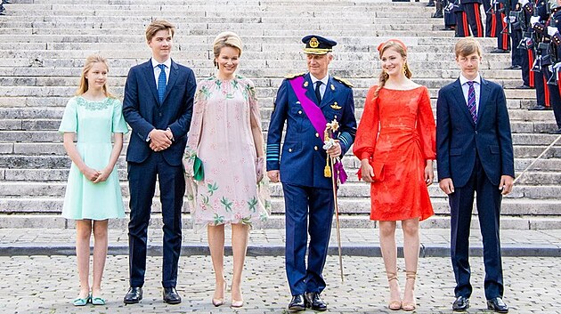 Belgick krl Philippe, krlovna Mathilde a jejich dti  princezna Eleonore, princ Gabriel, korunn princezna Elisabeth a princ Emmanuel (Brusel, 21. ervence 2021)