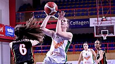 Lenka Šoukalová z Žabin Brno střílí na královéhradecký koš. Brání ji Charlotte... Lenka Šoukalová z Žabin Brno střílí na královéhradecký koš. Brání ji Charlotte...