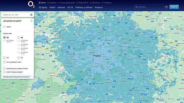 Mapa Prahy s pokrytm signlem 5G od O2 (duben 2022)
