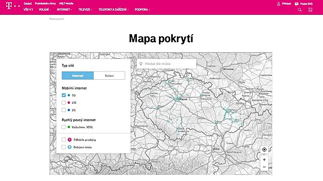 Mapa eska s lokalitami pokrytmi signlem 5G od T-Mobilu (duben 2022)