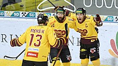 5. zápas baráe o hokejovou extraligu, Kladno - Jihlava. Dukla slaví gól,...