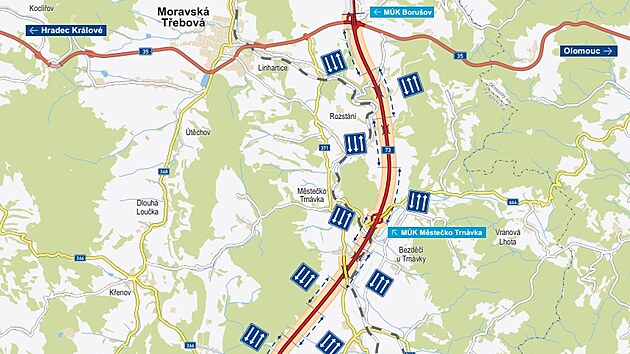 Stát vyjma úseku mezi dálnicí D35 a stávající I/35 u Borošova počítá na silnici I/73 se střídavým třípruhem, a to až do Svitávky.