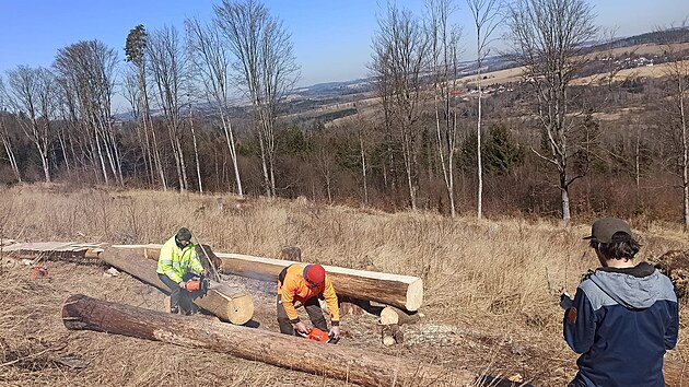 Nadšenci na Vysoké už na konci zimy začali s přípravou tratí pro bikery. Tento snímek je z března.