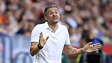 Španělský kouč Luis Enrique gestikuluje během zápasu s Českem. Španělský kouč Luis Enrique gestikuluje během zápasu s Českem.